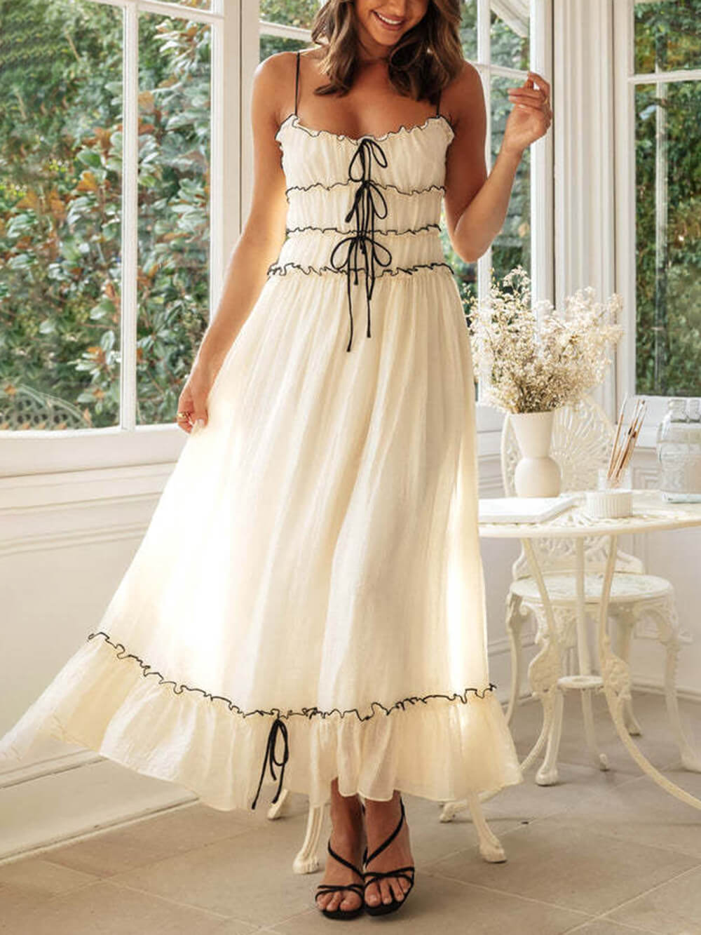 Kvinnors Boho Midi Klänning | Spaghetti Rem