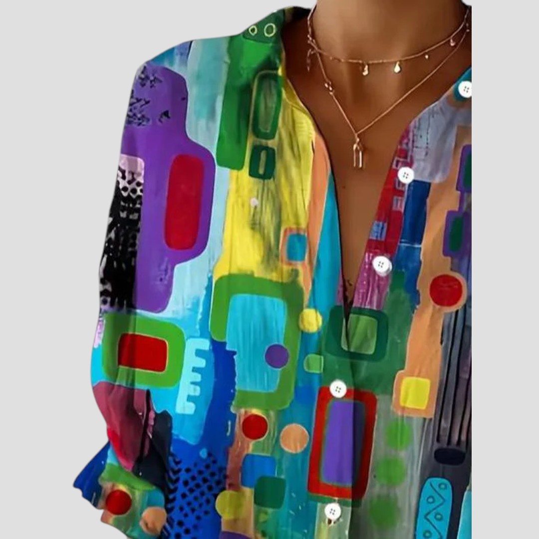 Kvinnors Blus | Geometriskt Tryck med Knappfront