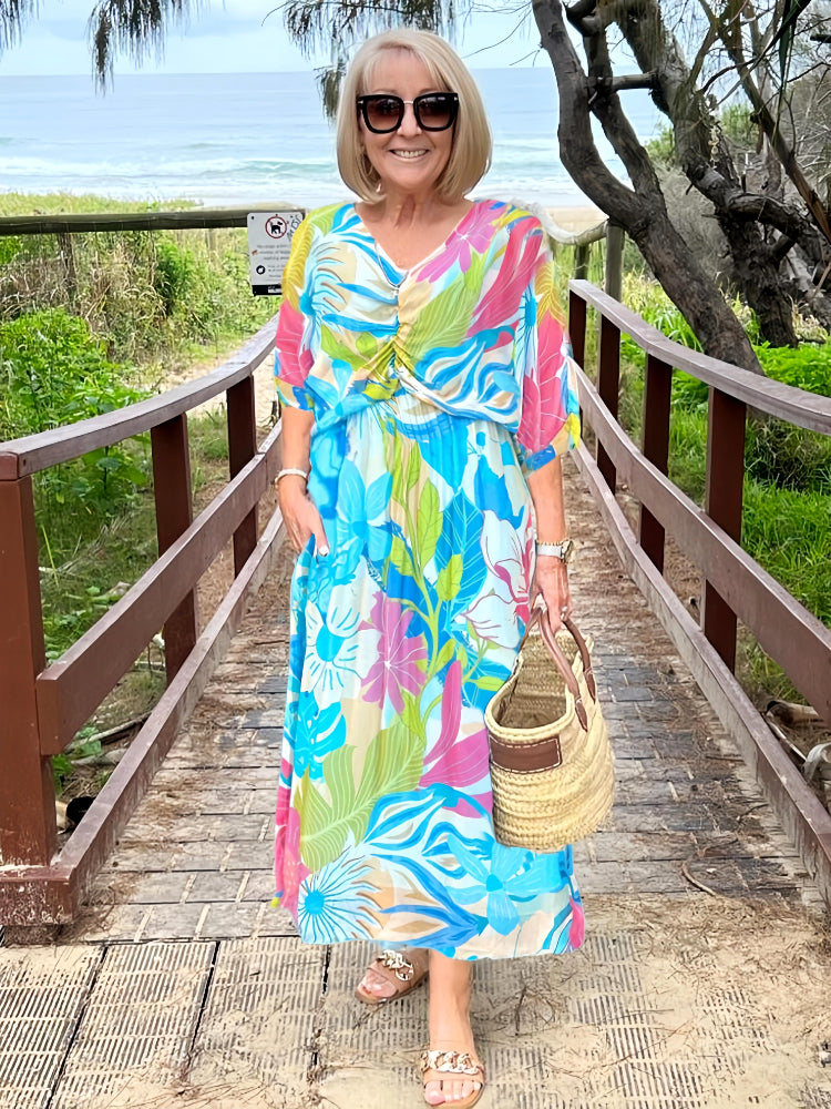Kvinnors Boho Maxi Klänning | V-ringad Smockad