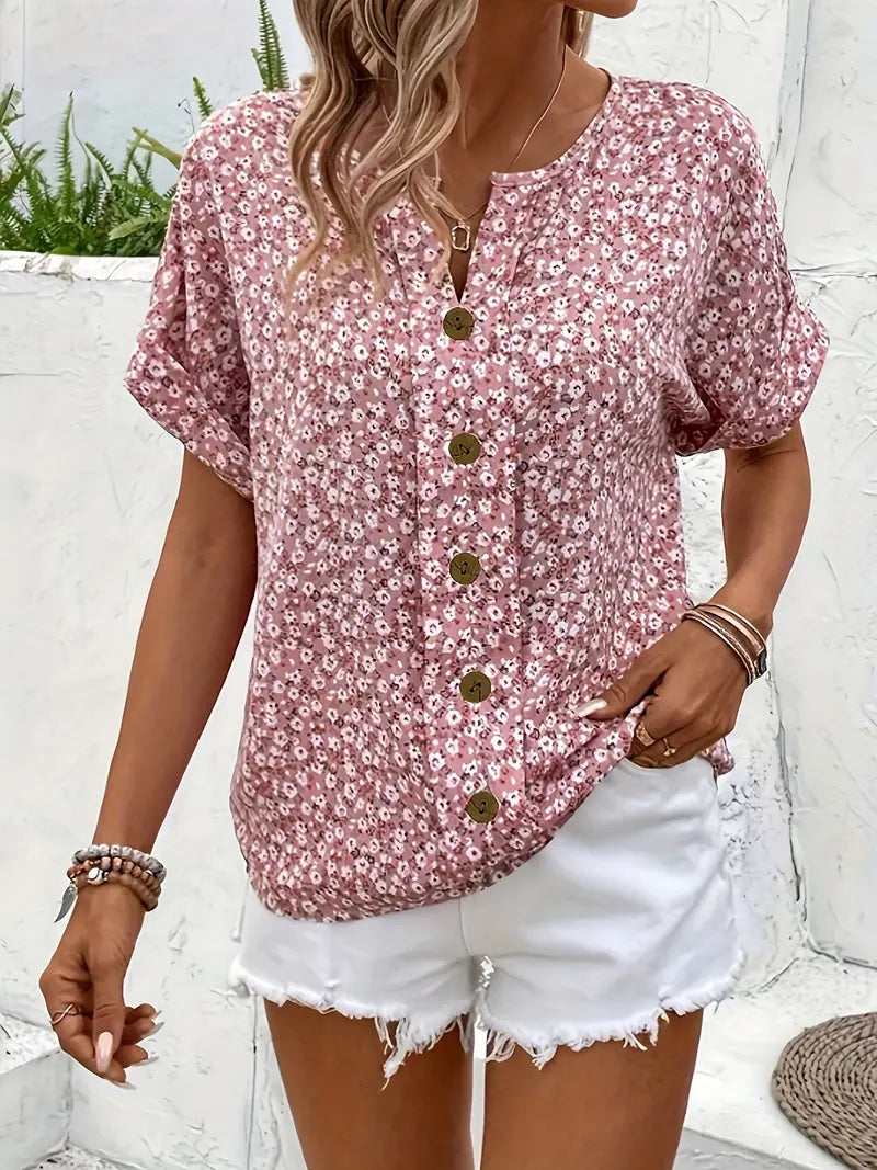 Kvinnors Blus | Blommönster med Knappframskärning