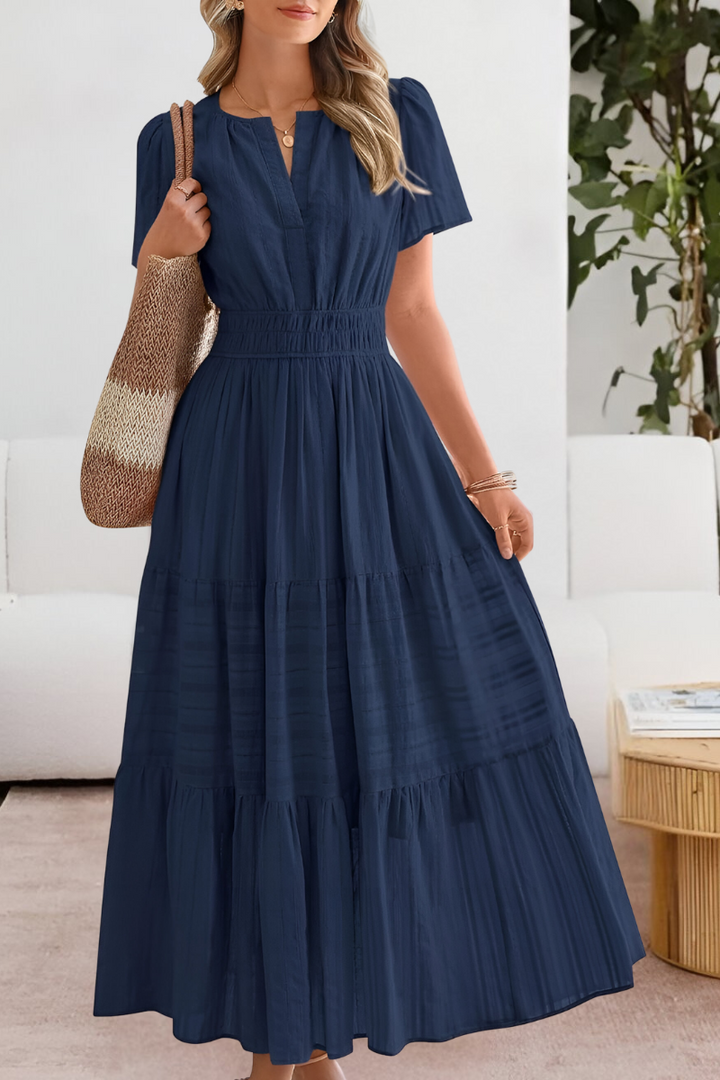 Kvinnors Boho Midi Klänning | Smockad Kort Ärme
