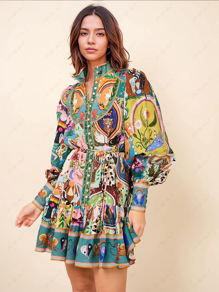 Kvinnors Boho Mini Klänning | Lång Ärmar