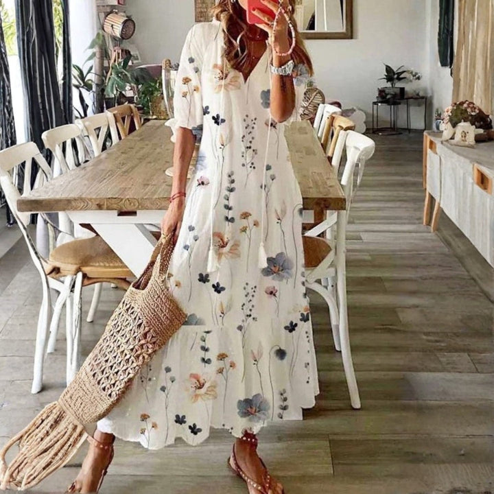 Kvinnors Boho Maxi Klänning | Kort Ärmar Blommig