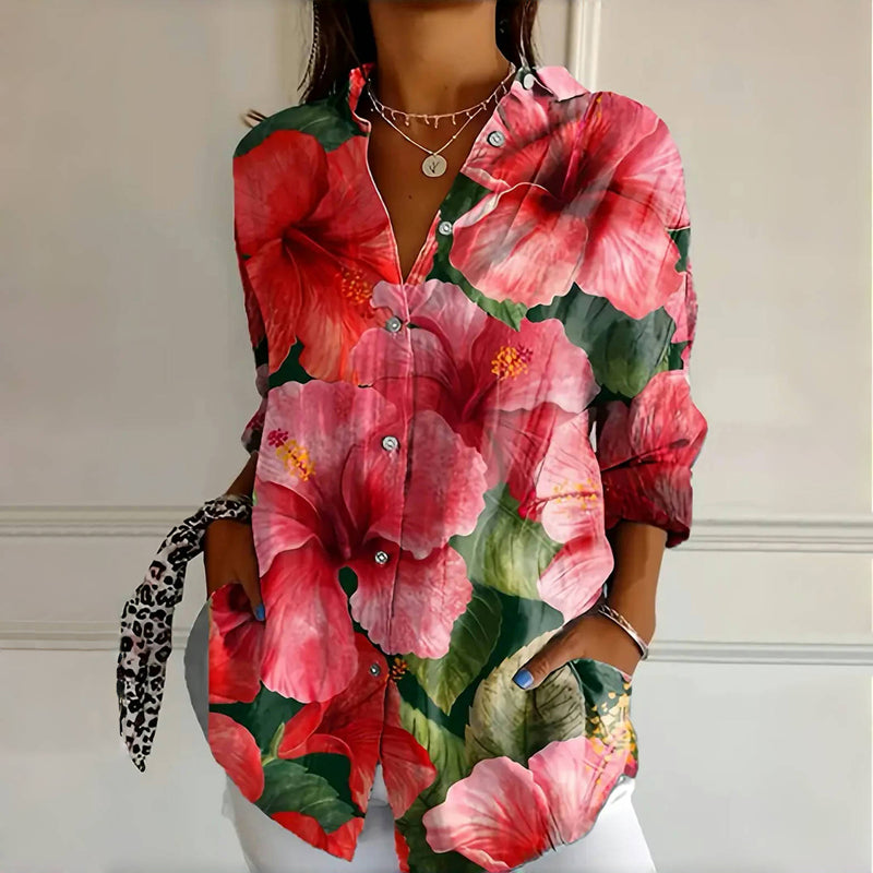 Kvinnors Blus | Blommig Knappframsida