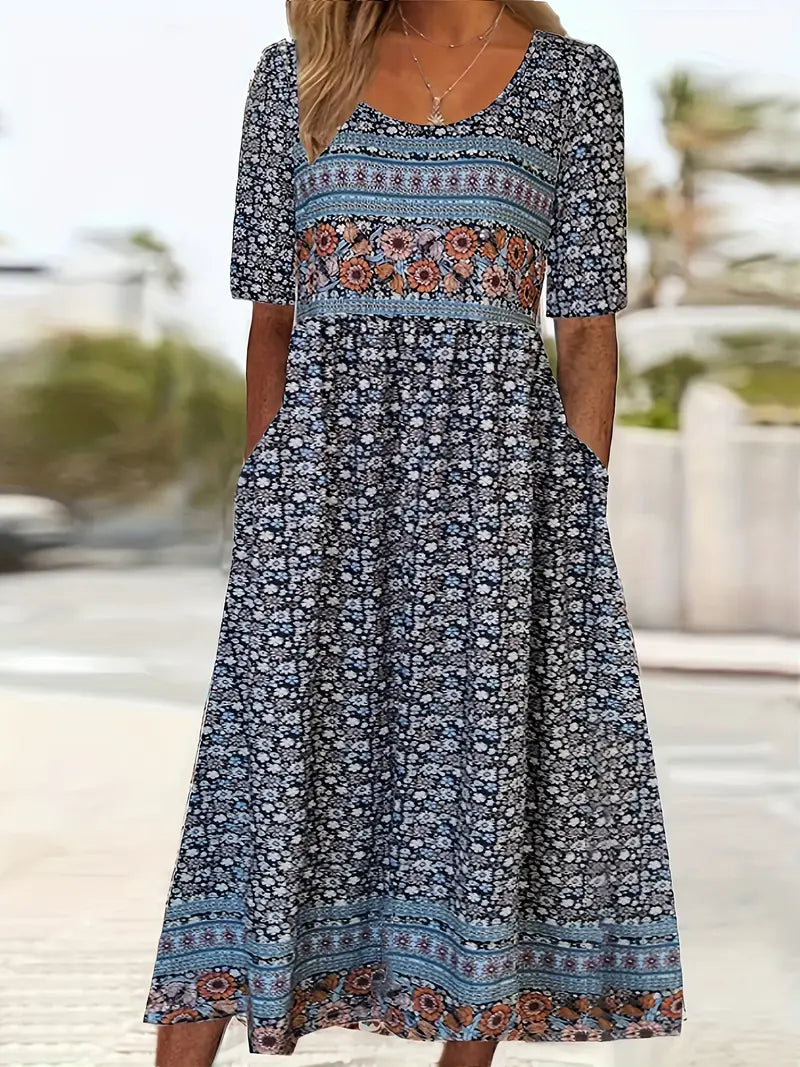 Kvinnors Boho Midi Klänning | Kort Ärme