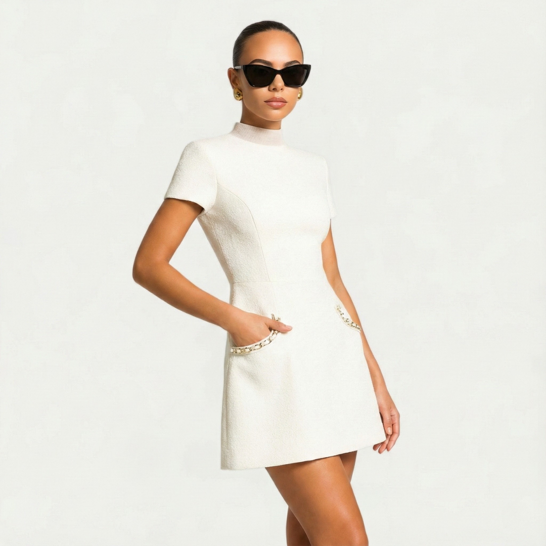 Kvinnors Cocktail Mini Klänning | Pärltrimmed Fickor
