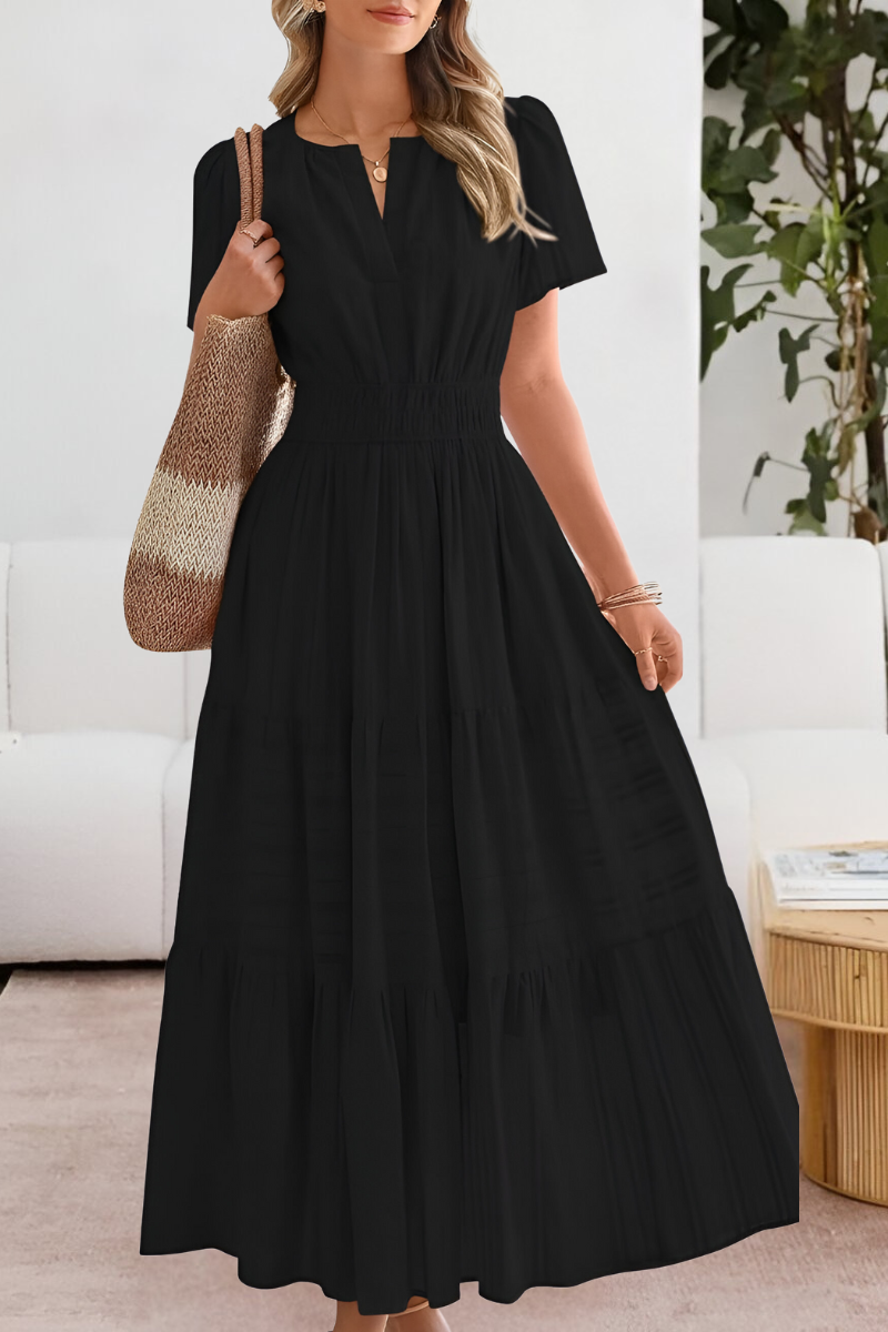Kvinnors Boho Midi Klänning | Smockad Kort Ärme