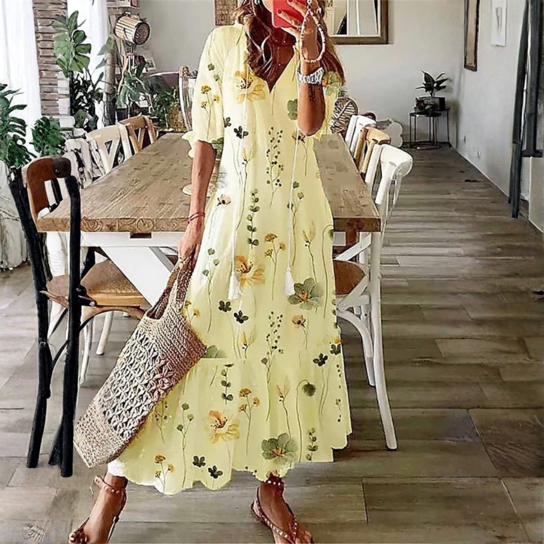 Kvinnors Boho Maxi Klänning | Kort Ärmar Blommig