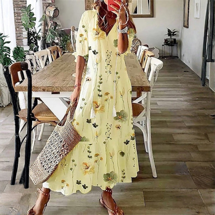 Kvinnors Boho Maxi Klänning | Kort Ärmar Blommig