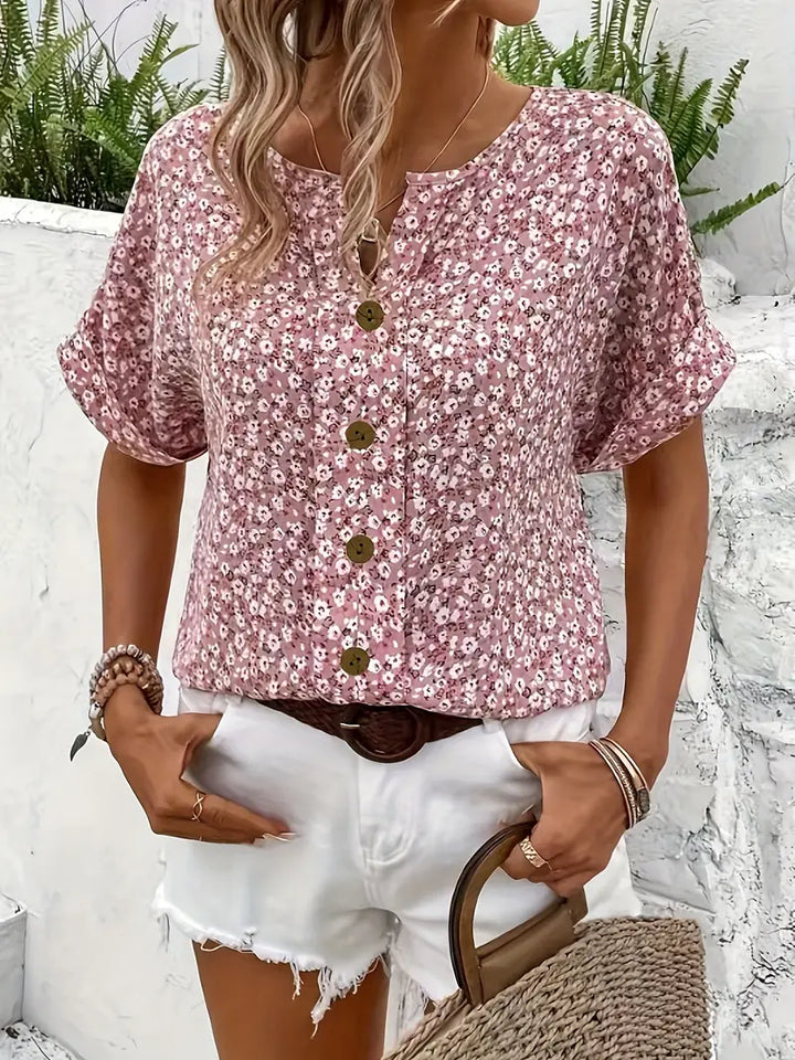 Kvinnors Blus | Blommönster med Knappframskärning