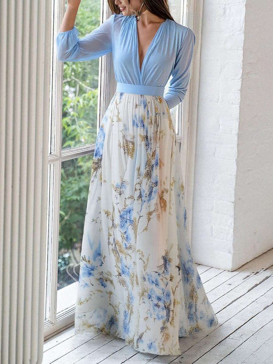 Kvinnors Boho Maxi Klänning | Blommig V-Hals