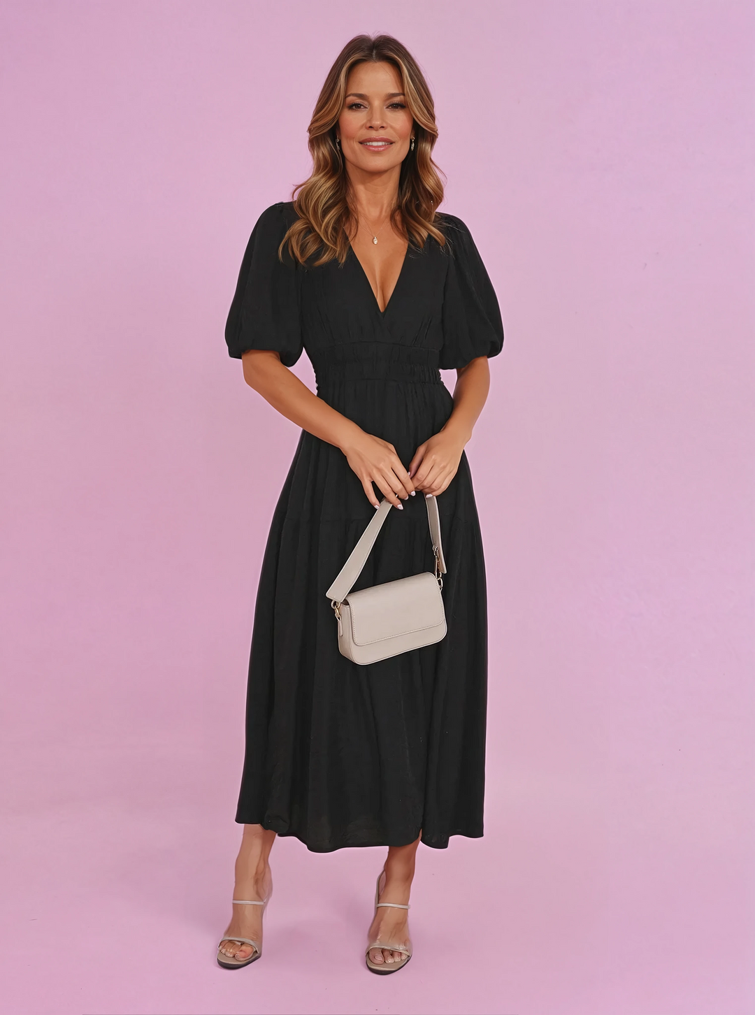 Kvinnors Cocktail Midi Klänning | Smockad V-Hals