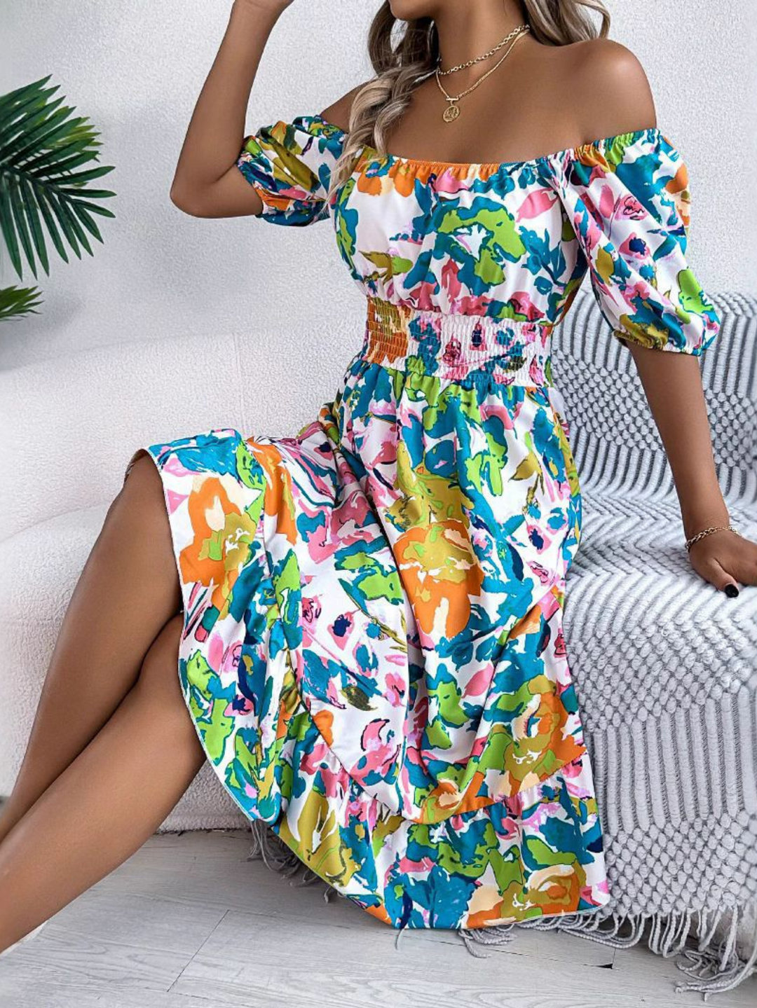Kvinnors Boho Midi Klänning | Off-Shoulder