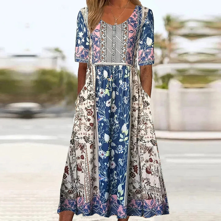 Kvinnors Boho Midi Klänning | Kort Ärme