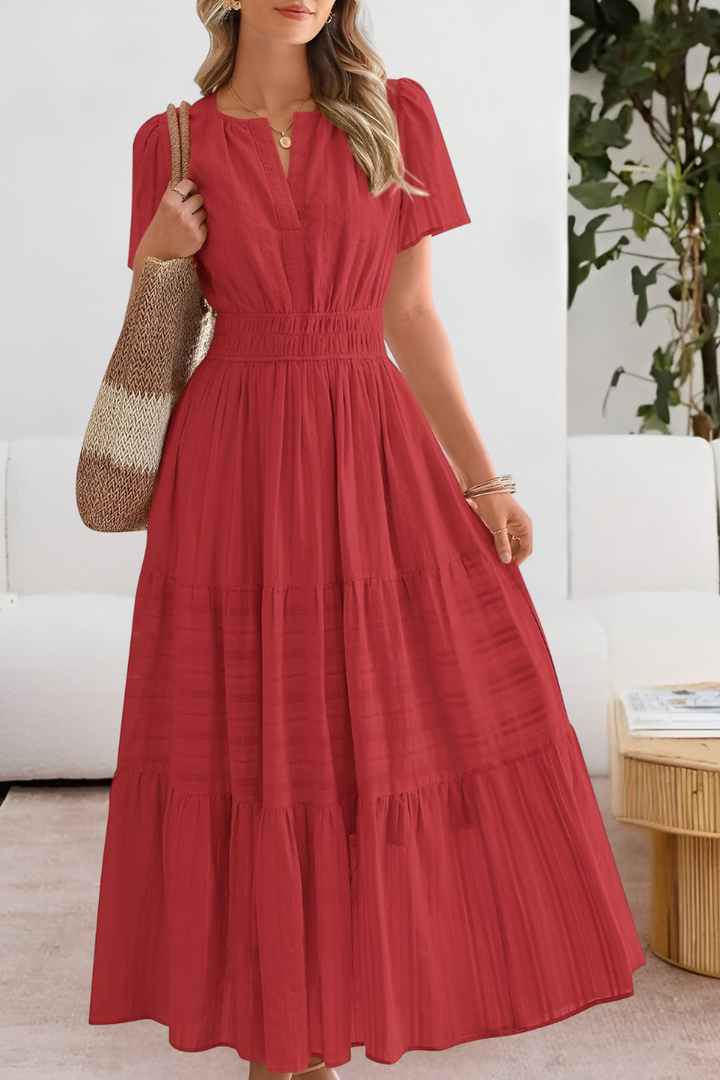 Kvinnors Boho Midi Klänning | Smockad Kort Ärme