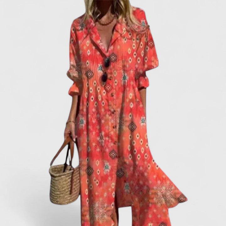 Kvinnors Boho Maxi Klänning | Botanisk Långärmad