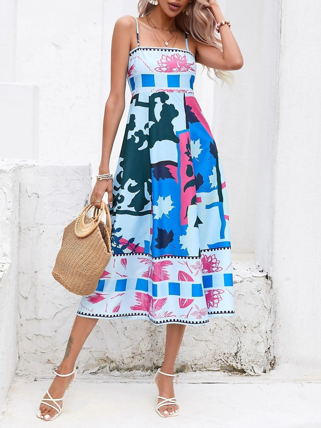 Kvinnors Boho Midi Klänning | Fyrkantig Hals