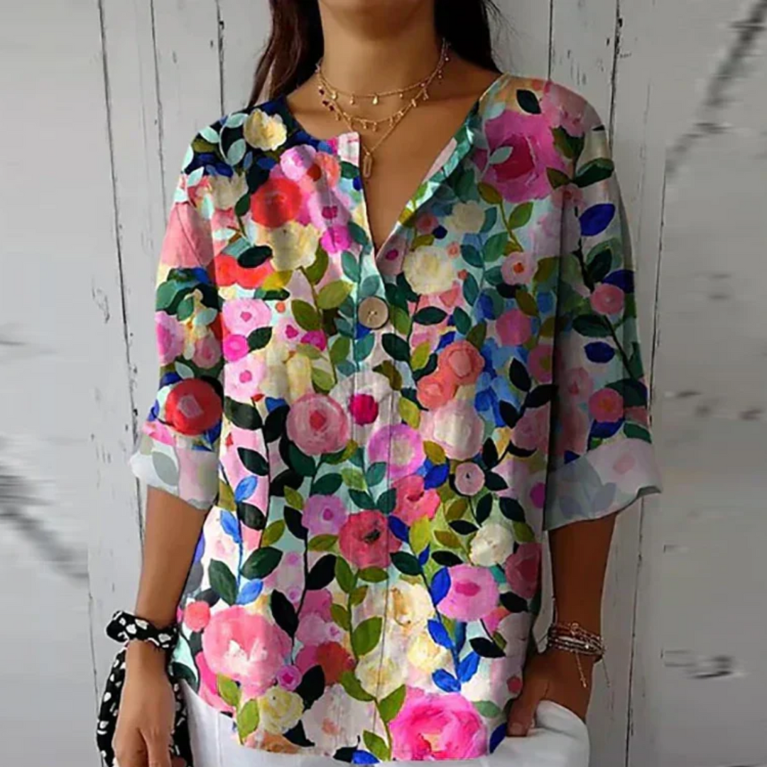 Kvinnors Blus | Blommig Tryck med Knäppning Fram