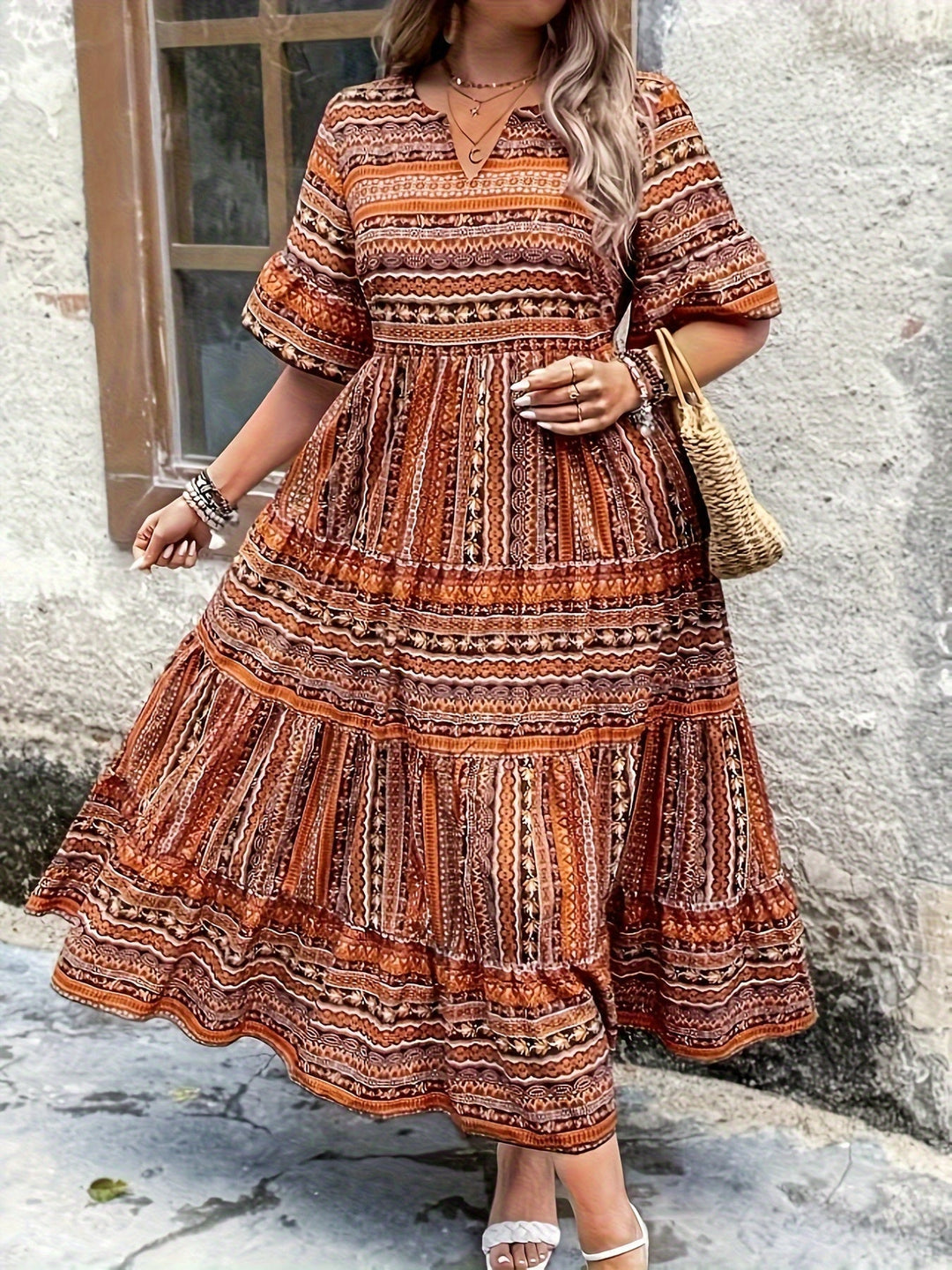 Kvinnors Boho Midi Klänning | Flödande Tryckt