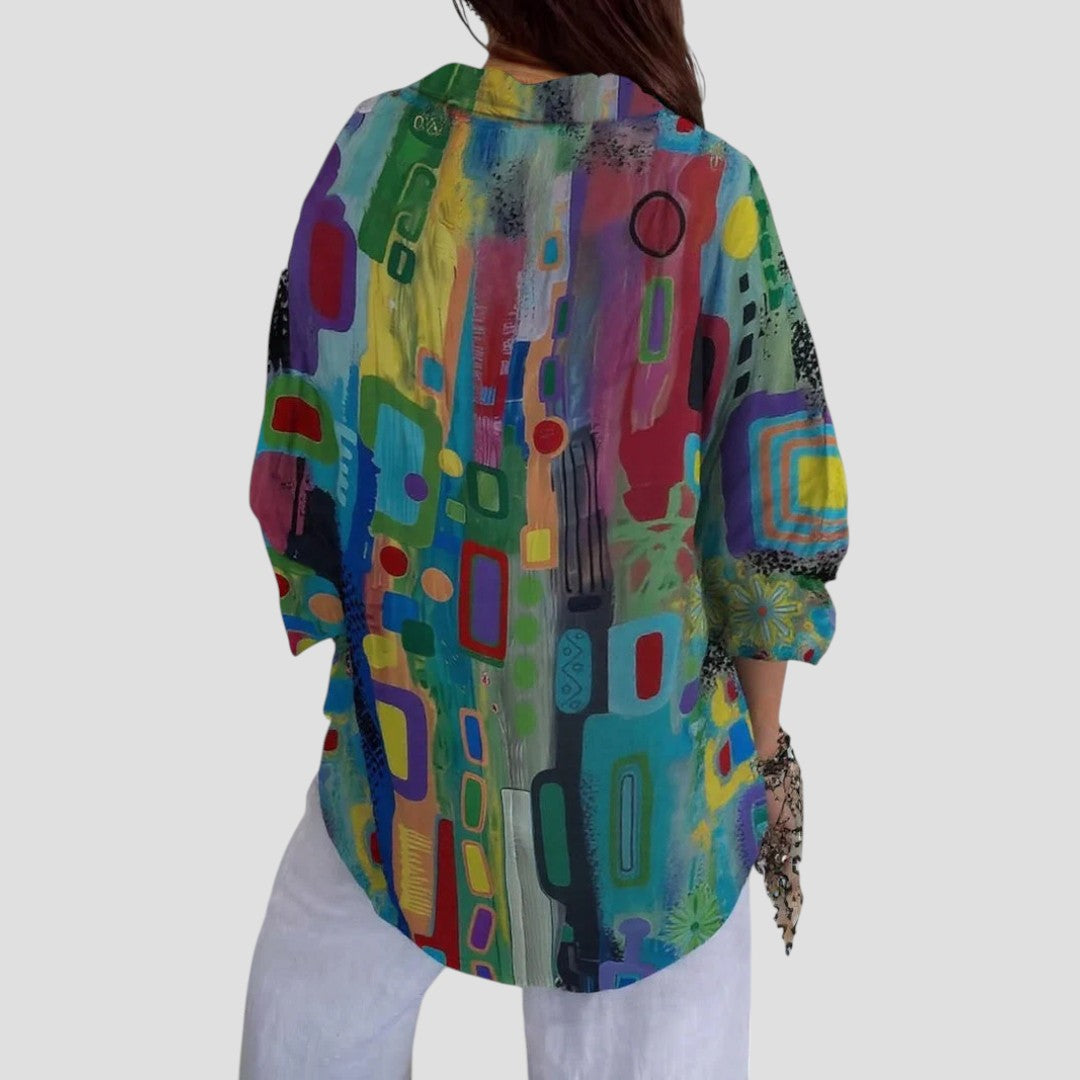 Kvinnors Blus | Geometriskt Tryck med Knappfront