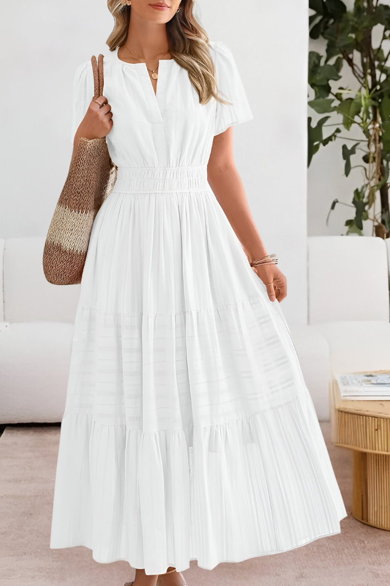 Kvinnors Boho Midi Klänning | Smockad Kort Ärme