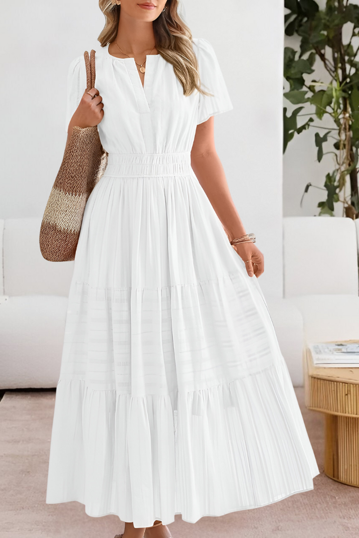 Kvinnors Boho Midi Klänning | Smockad Kort Ärme