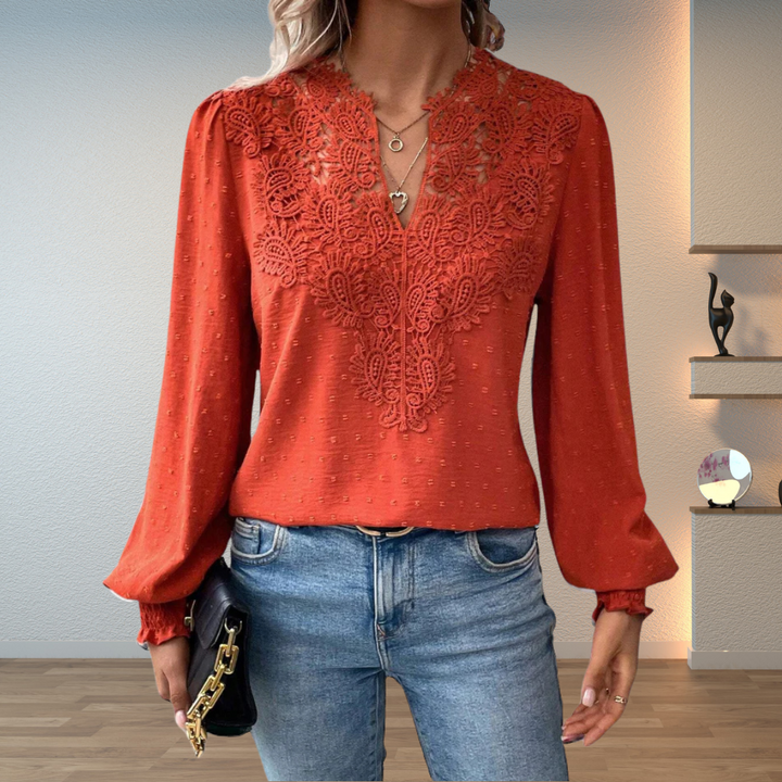 Kvinnors Blus | V-Hals med Guipure Spets