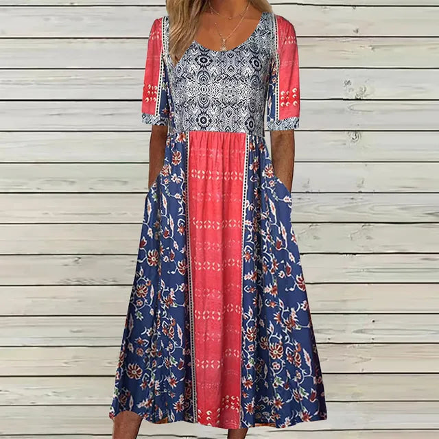 Kvinnors Boho Midi Klänning | Kort Ärme