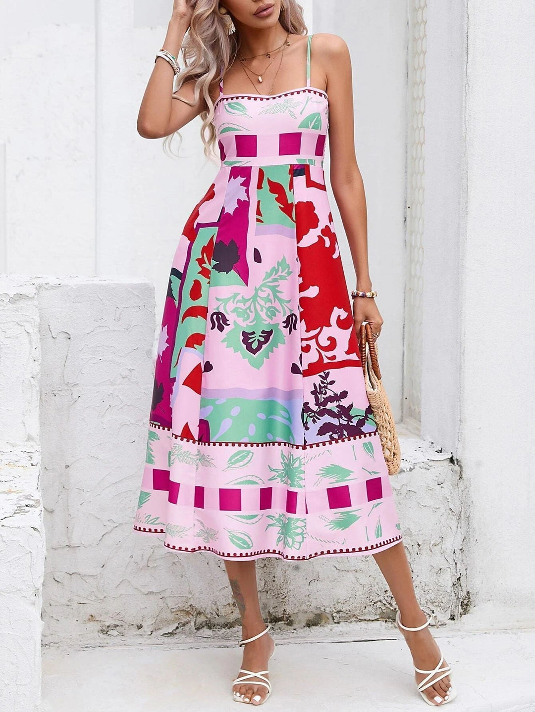 Kvinnors Boho Midi Klänning | Fyrkantig Hals