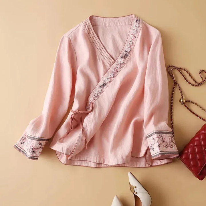 Kvinnors Blus | Broderad Wrap Detalj