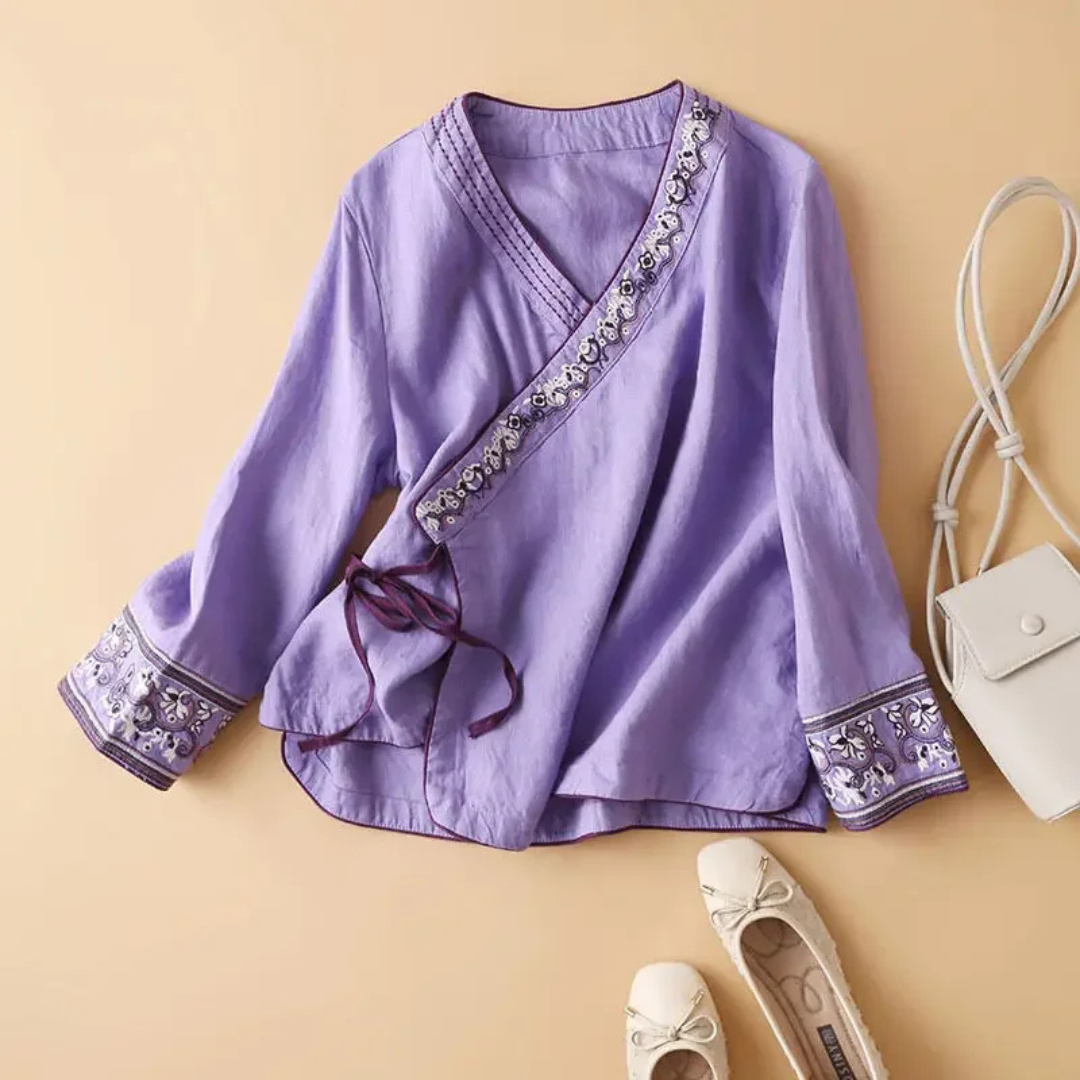 Kvinnors Blus | Broderad Wrap Detalj
