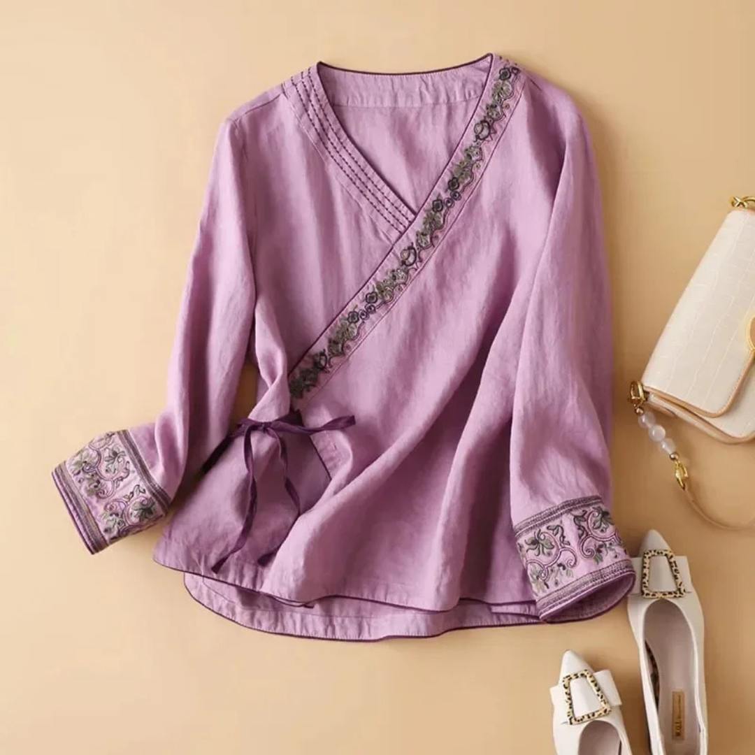 Kvinnors Blus | Broderad Wrap Detalj