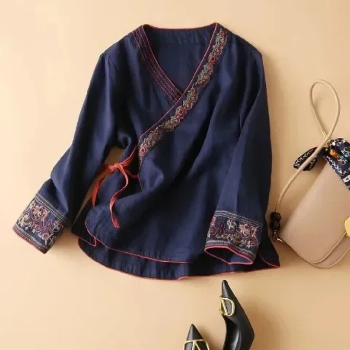 Kvinnors Blus | Broderad Wrap Detalj