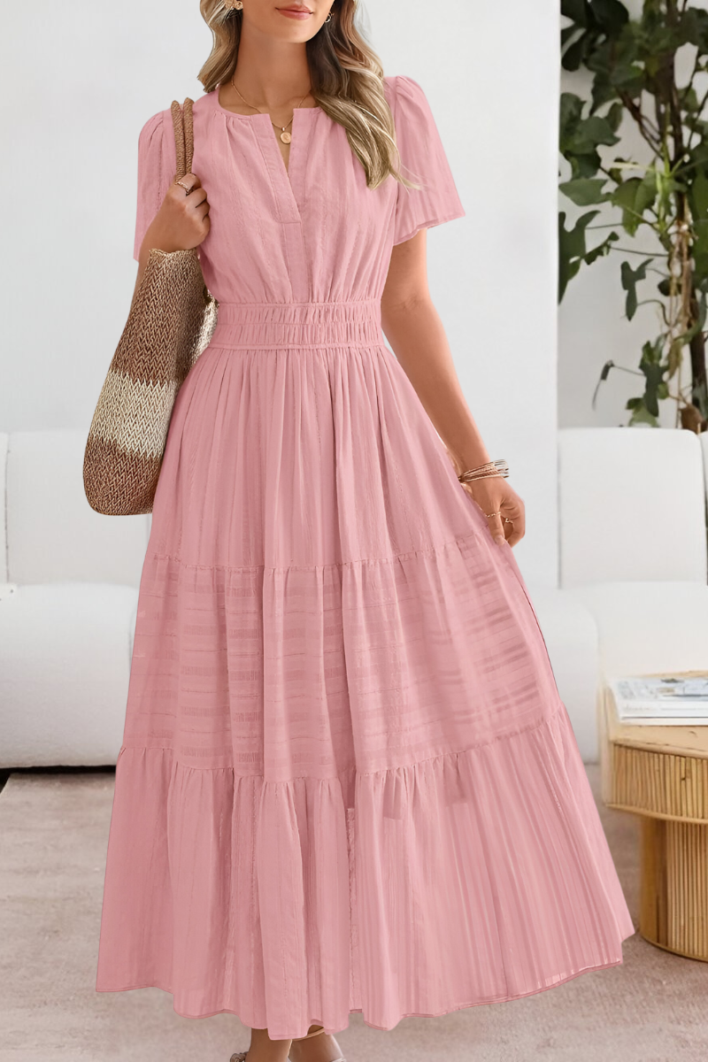 Kvinnors Boho Midi Klänning | Smockad Kort Ärme