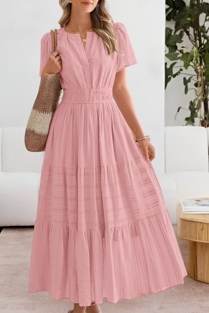 Kvinnors Boho Midi Klänning | Smockad Kort Ärme