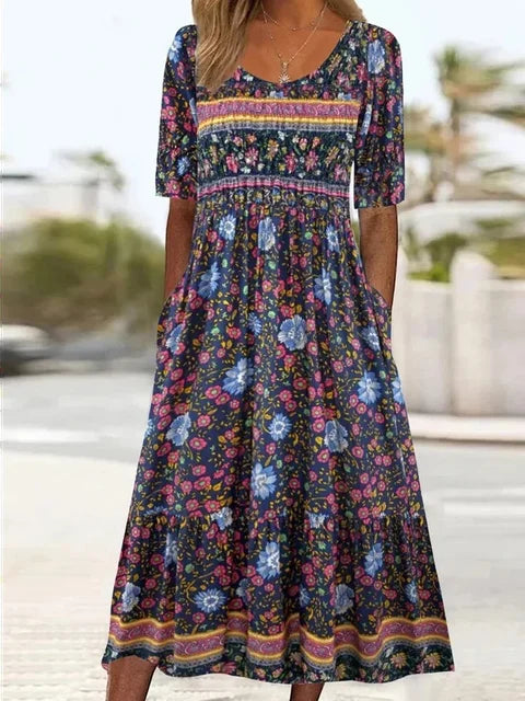 Kvinnors Boho Midi Klänning | Kort Ärme