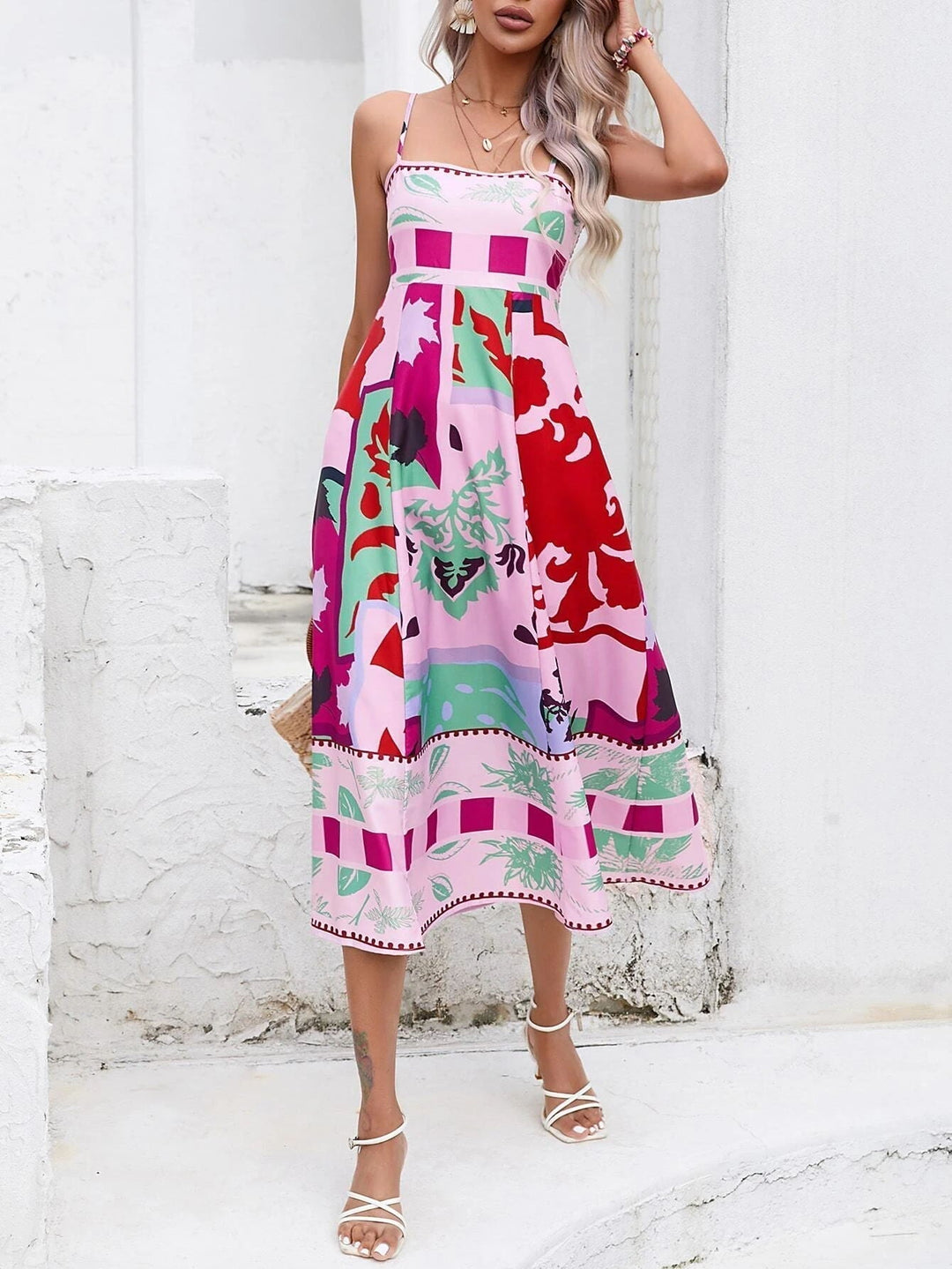 Kvinnors Boho Midi Klänning | Fyrkantig Hals