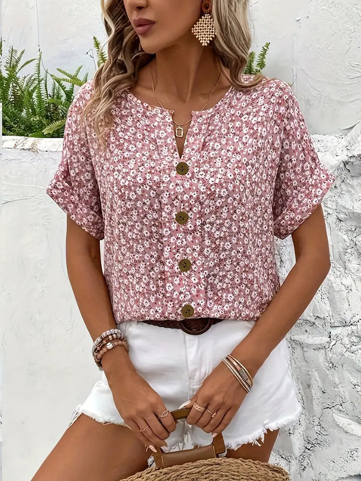 Kvinnors Blus | Blommönster med Knappframskärning