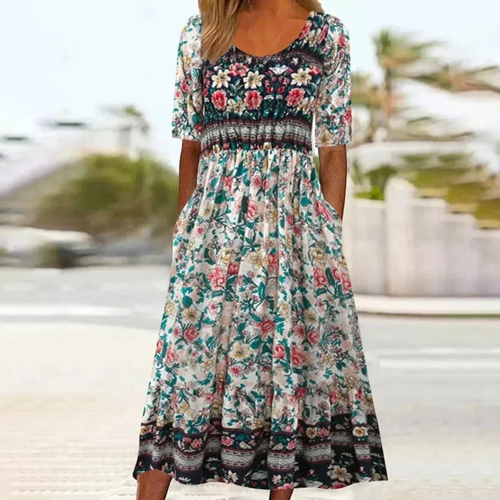 Kvinnors Boho Midi Klänning | Kort Ärme