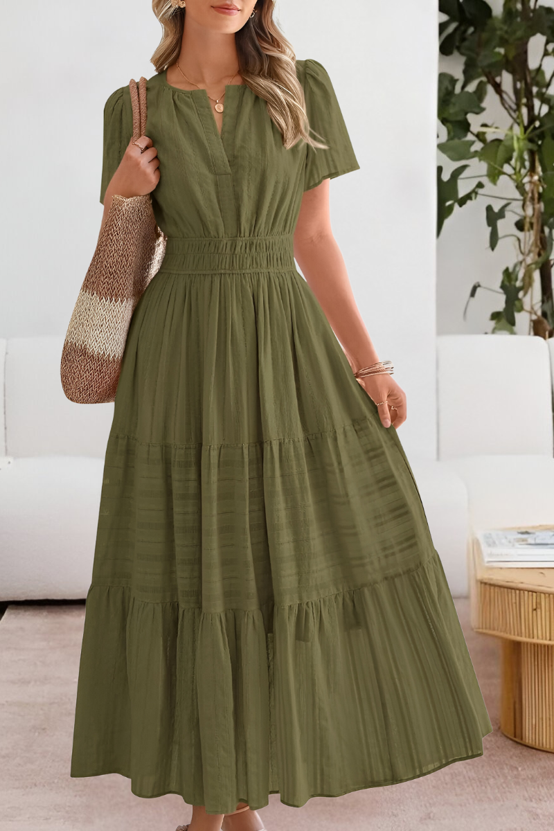 Kvinnors Boho Midi Klänning | Smockad Kort Ärme