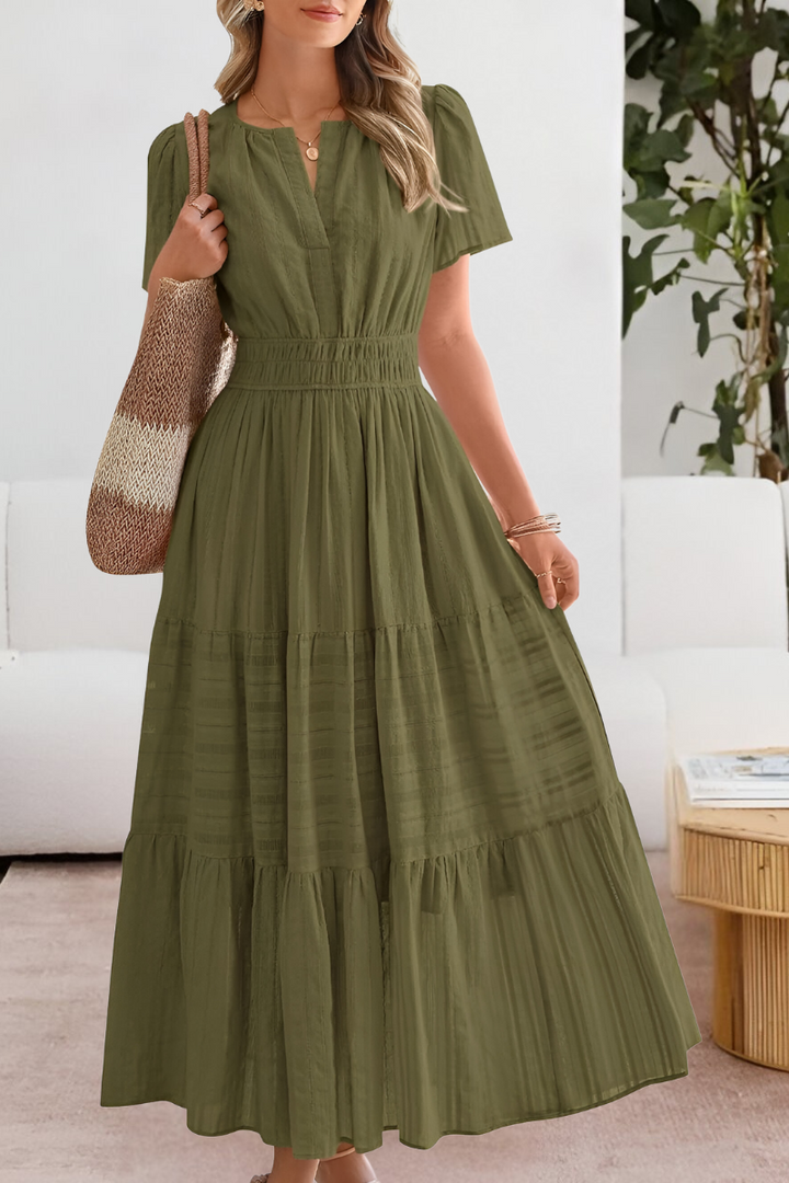 Kvinnors Boho Midi Klänning | Smockad Kort Ärme