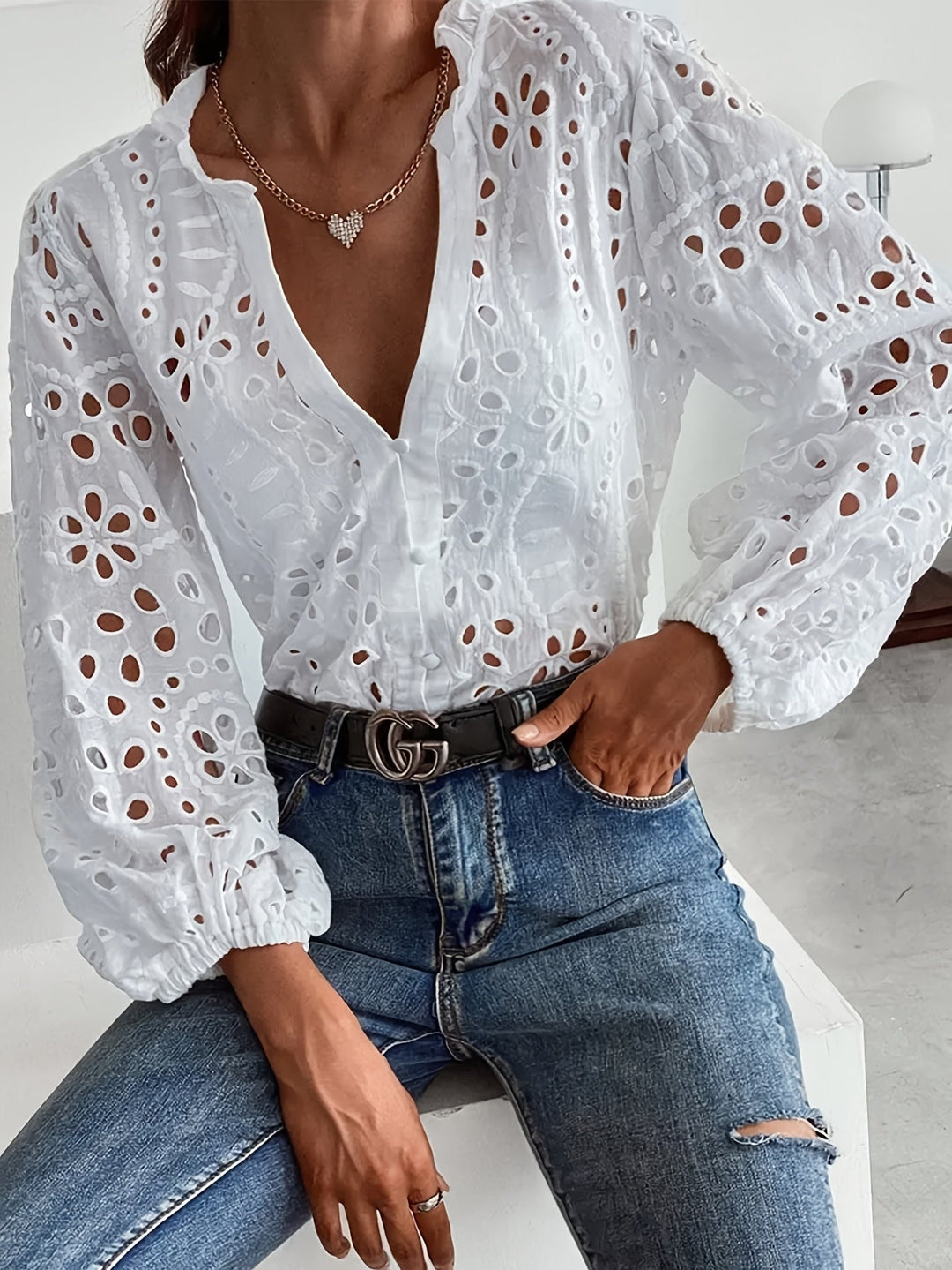 Kvinnors Blus | Broderad Långärmad
