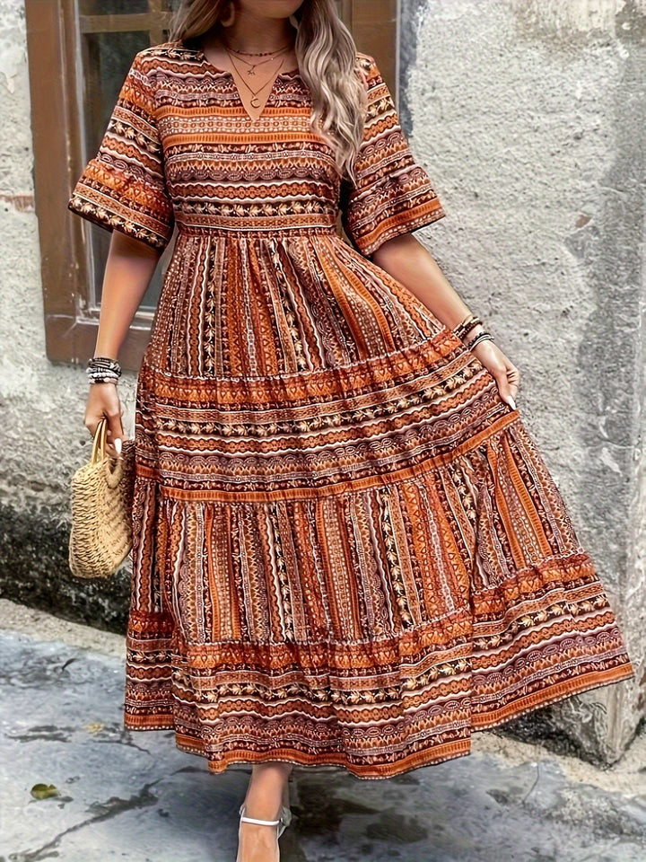 Kvinnors Boho Midi Klänning | Flödande Tryckt