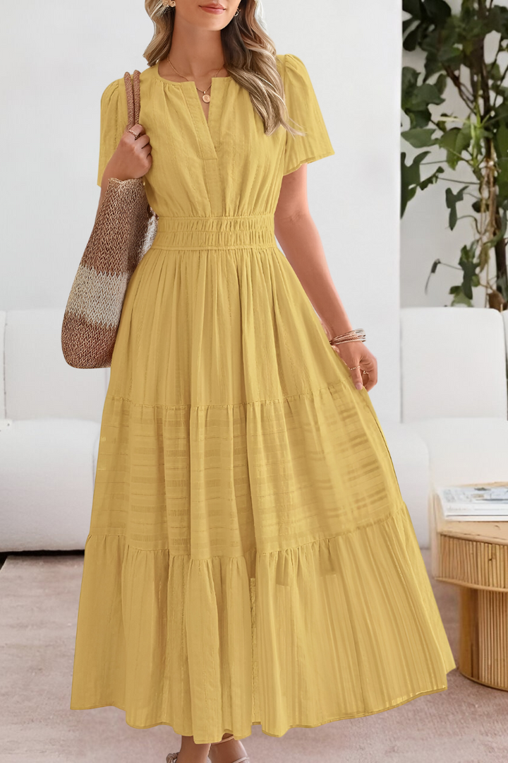 Kvinnors Boho Midi Klänning | Smockad Kort Ärme