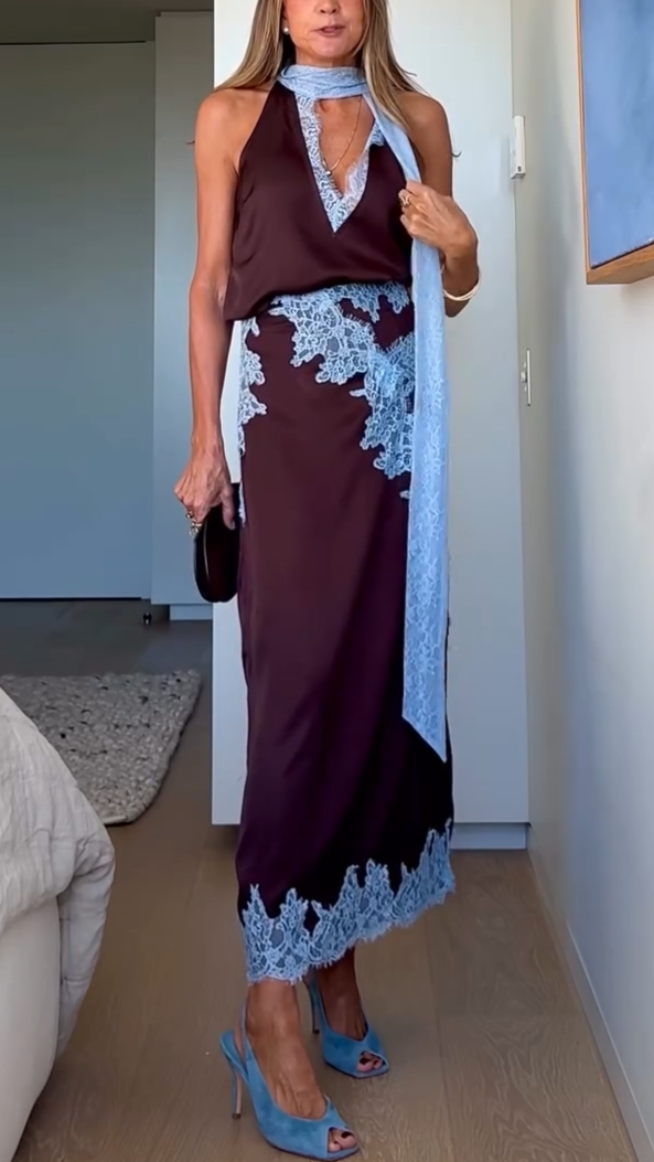 Kvinnors Tvådelade Set | Halterneck med Scarf och Kjol
