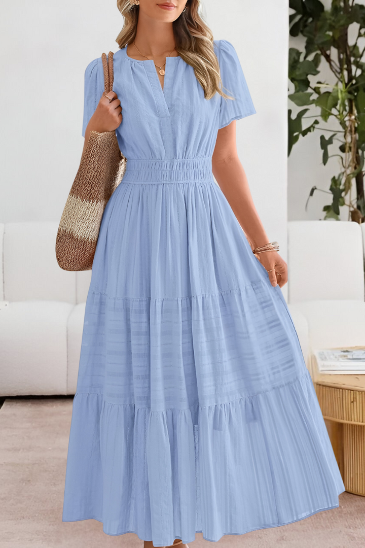Kvinnors Boho Midi Klänning | Smockad Kort Ärme