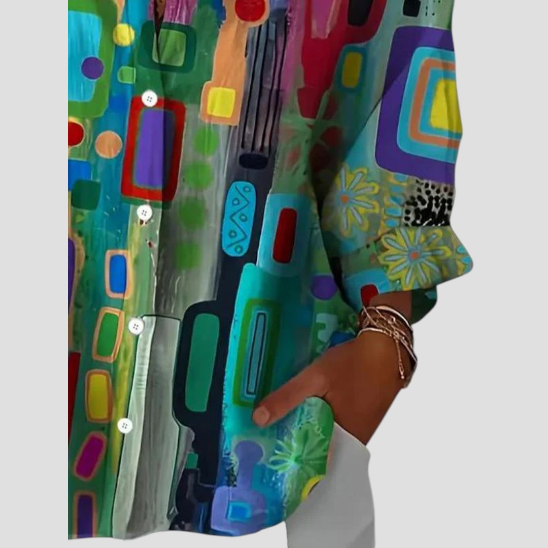 Kvinnors Blus | Geometriskt Tryck med Knappfront
