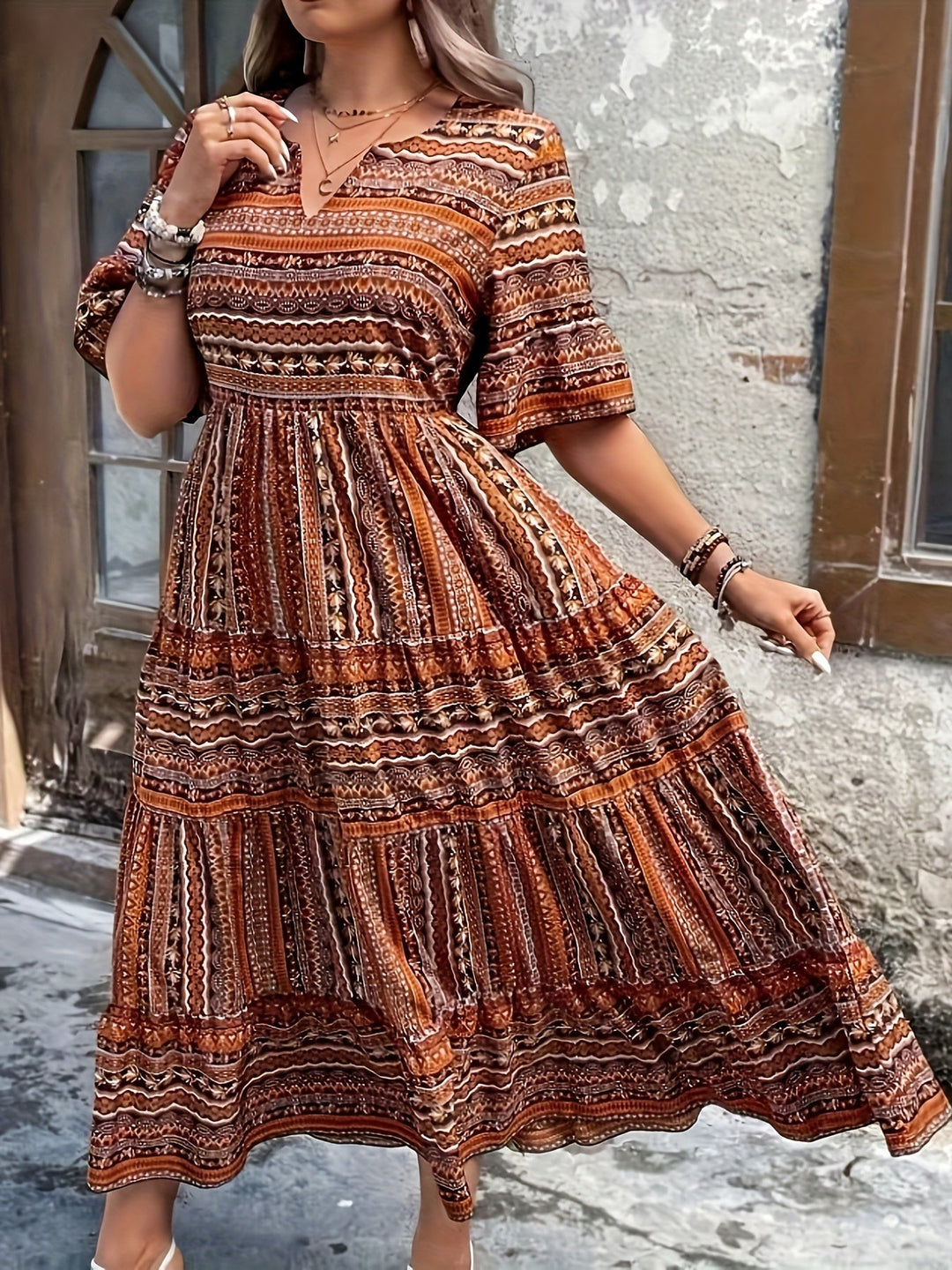 Kvinnors Boho Midi Klänning | Flödande Tryckt