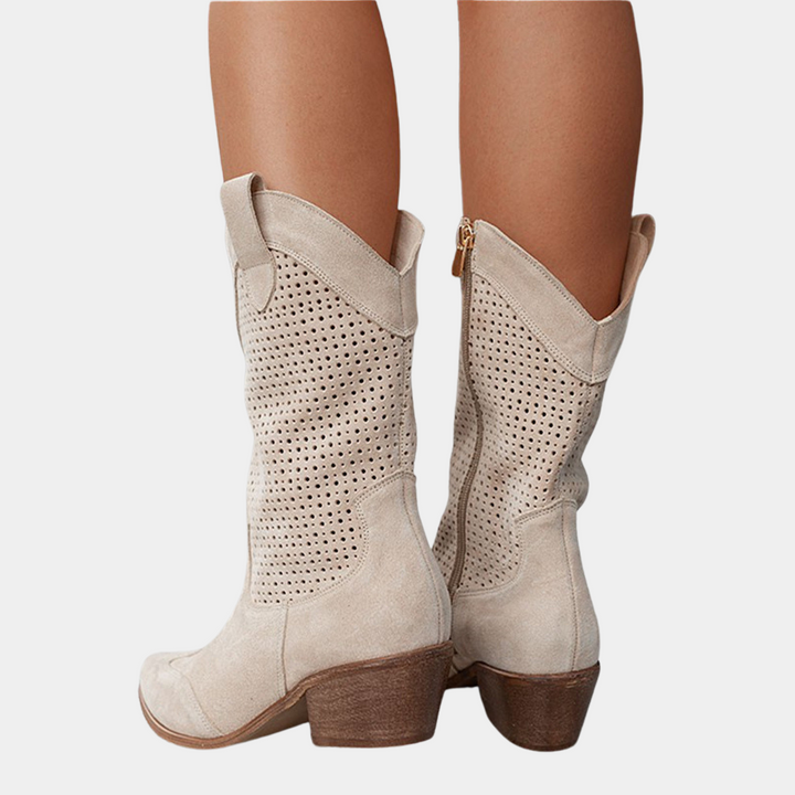 Kängor För Kvinnor | Mid Calf Blockklack Med Perforerad Skaft