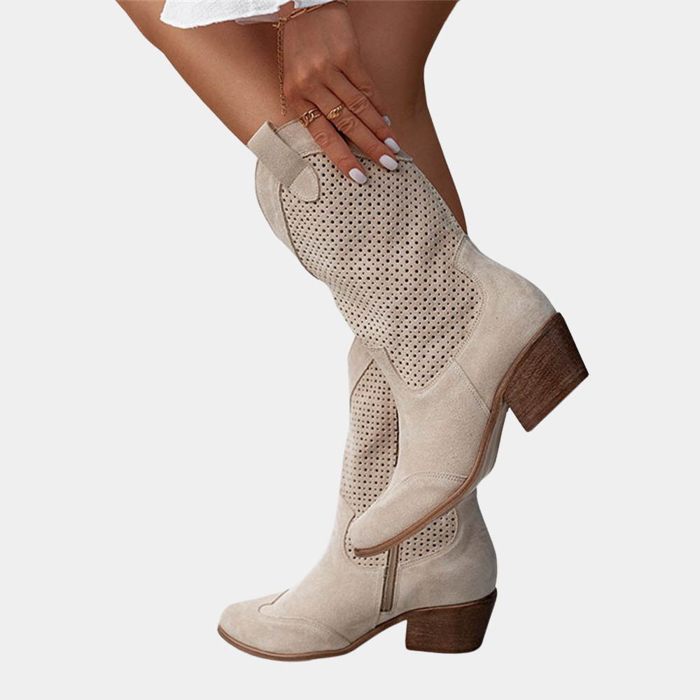Kängor För Kvinnor | Mid Calf Blockklack Med Perforerad Skaft